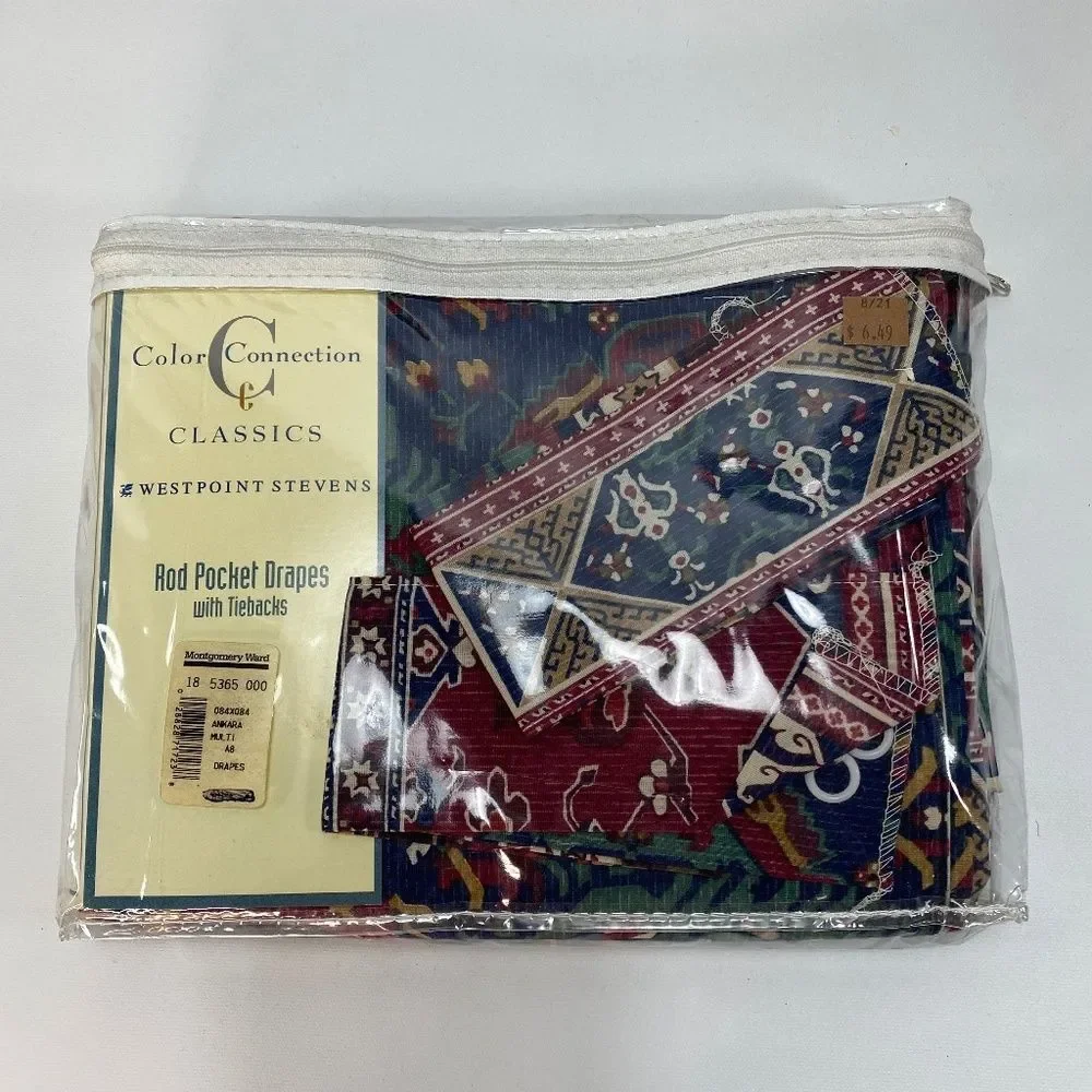 Vtg Ankara Set Rod Pocket Drapes w Tiebacks Cotton Blend 84 x 84
